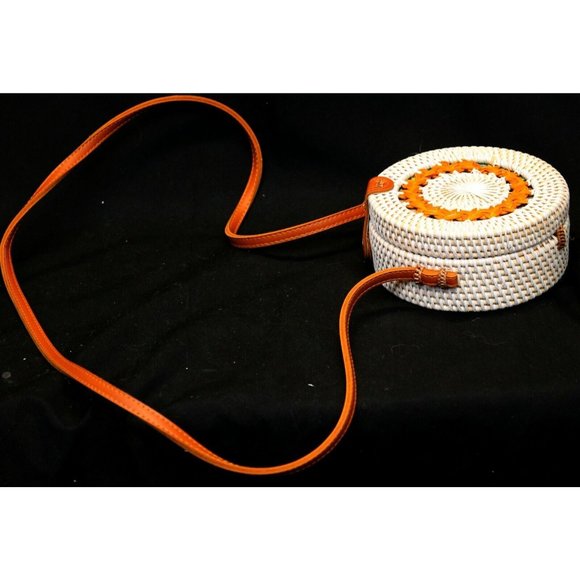 Round Crossbody Sm Woven Rattan White with Orange Accent, Brown Strap - Picture 3 of 10